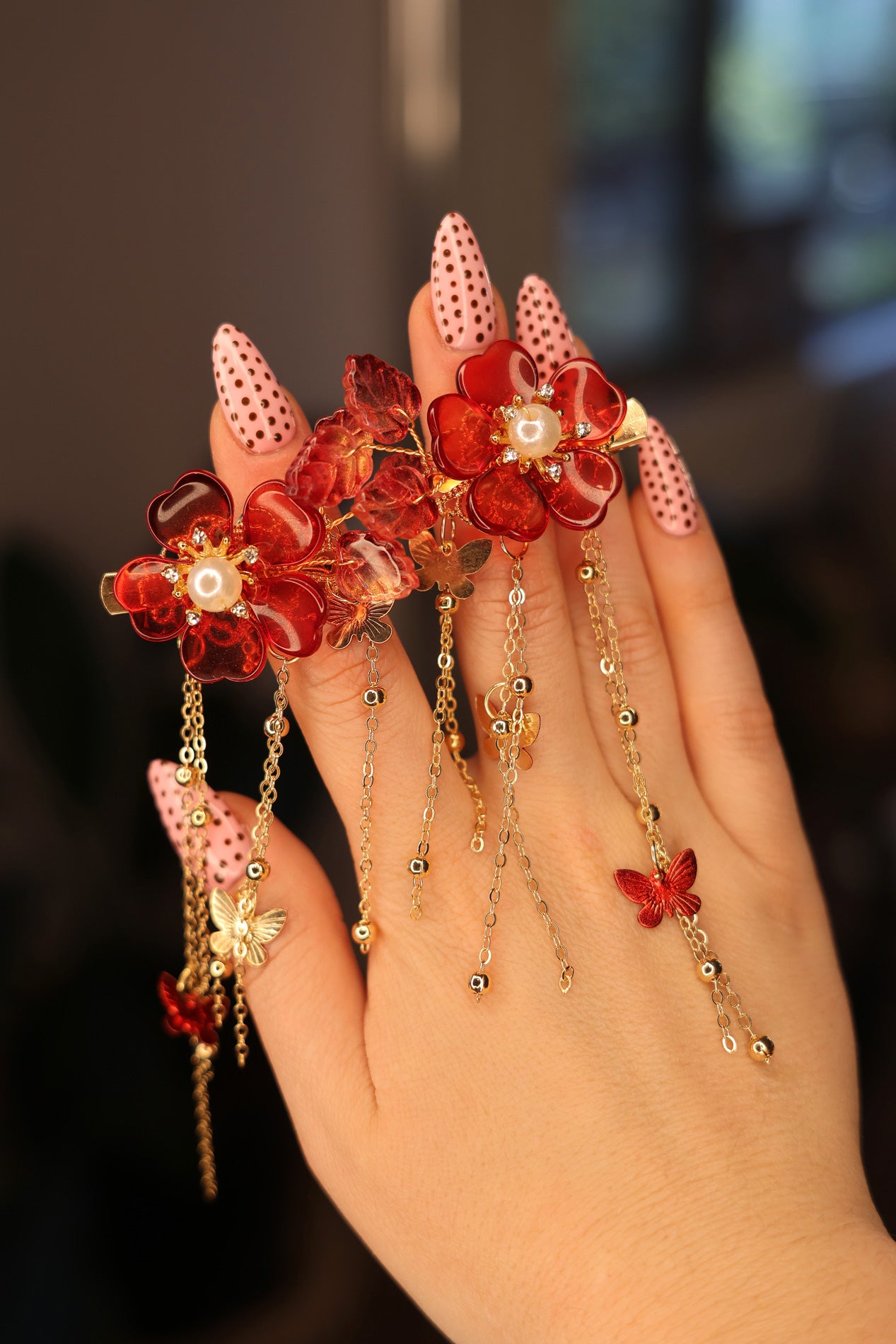 Red Floral Hair / Boots Clips - 2pk