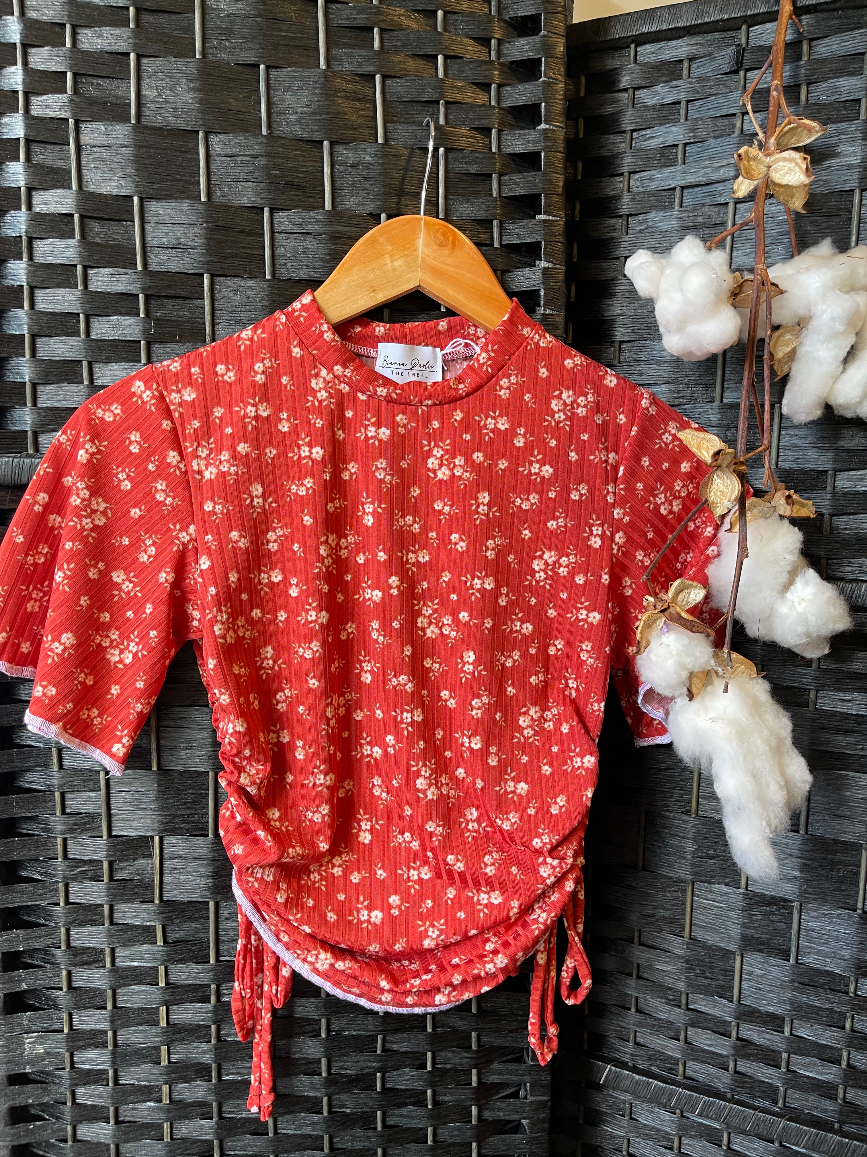 Red Floral Drawstring Top