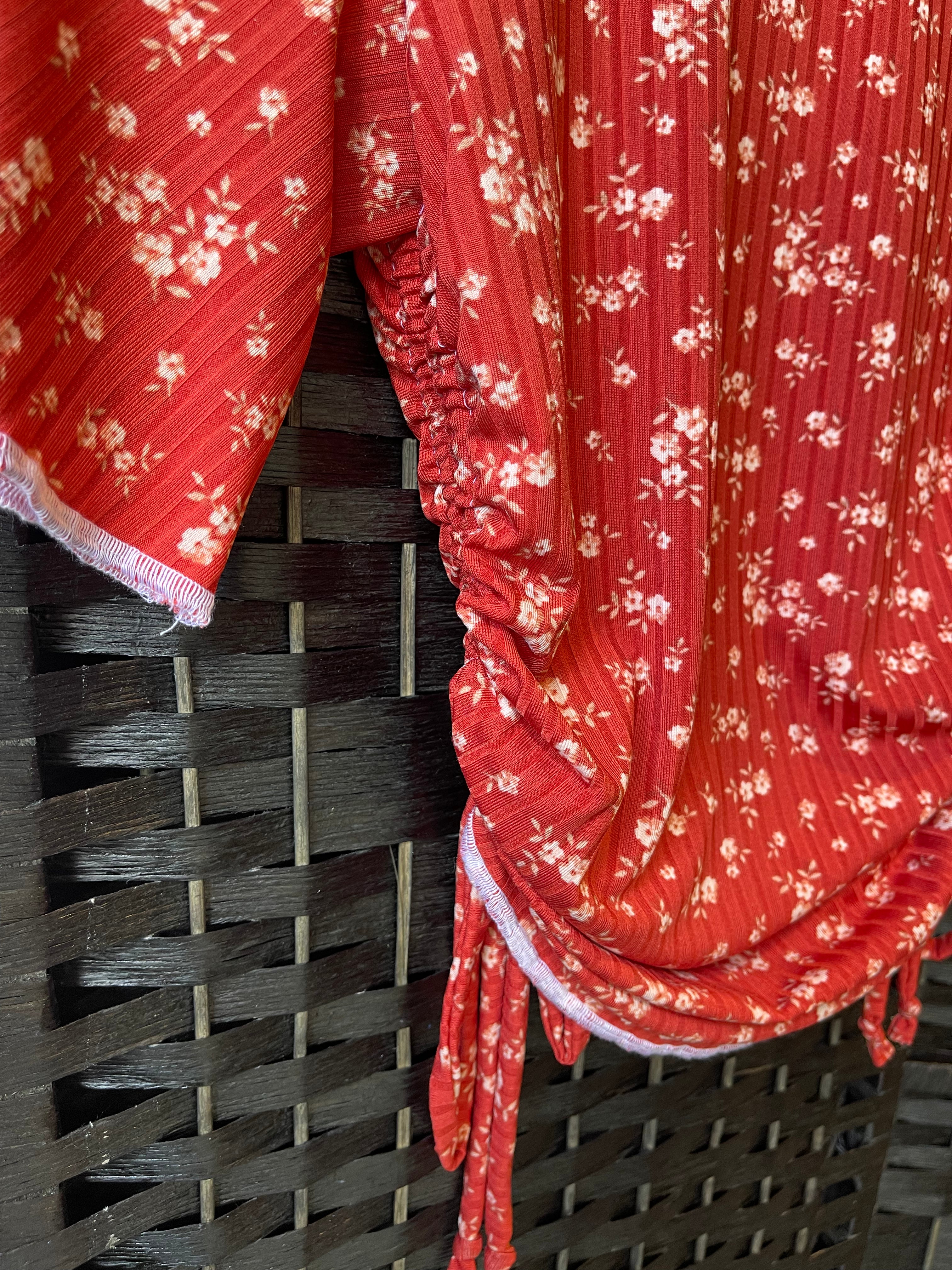 Red Floral Drawstring Top